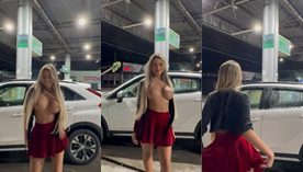 Karlyane Menezes no posto de gasolina, exibindo as teta e o bundão enquanto dança e levanta a saia