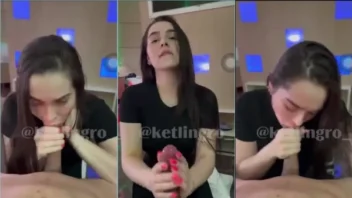 Ketlin Groisman em um filme pornô, fazendo um boquete com a boca toda lambuzada de gozo