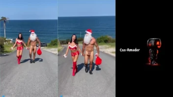 Beatriz Miuky passeando na rua com um Papai Noel sem roupa
