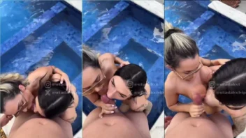 Vídeo picante de um boquete irresistível na piscina com as musas Mari Reis e Clara Dalcol